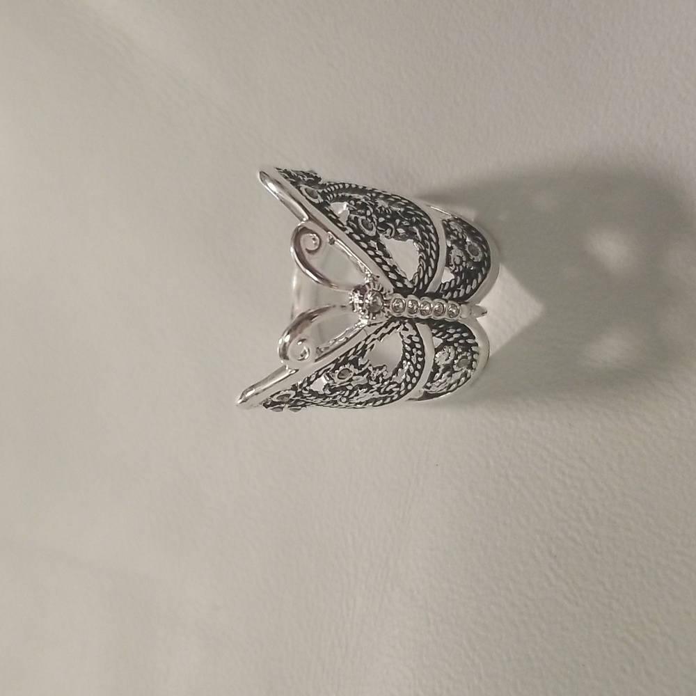 Women's Silver Plated Butterfly Ring with Rhinestones; Black & Silver; Size 7